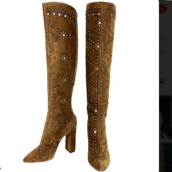 AUTHENTIC Saint Laurent *Ella* Studded Brown Suede Knee Boots IT 37/US 7 - Picture 1 of 16